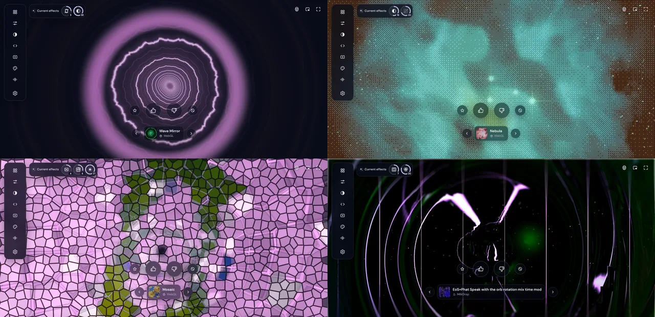 Four moments of one Magic session: a violet ring with a mirror effect, a turquoise nebula on a halftone grid, a stained-glass mosaic in pink and green, and a black MilkDrop scene with white arcs.