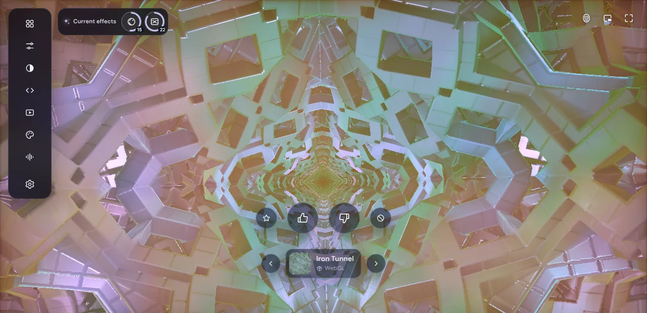 The Deus player in Magic mode: the Iron Tunnel preset in pastel colours, two current effects with countdown rings in the top left corner and the preset card with like and dislike buttons in the middle.