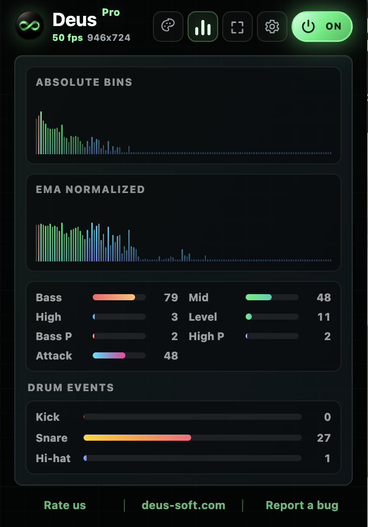 Deus equalizer and live audio analysis interface