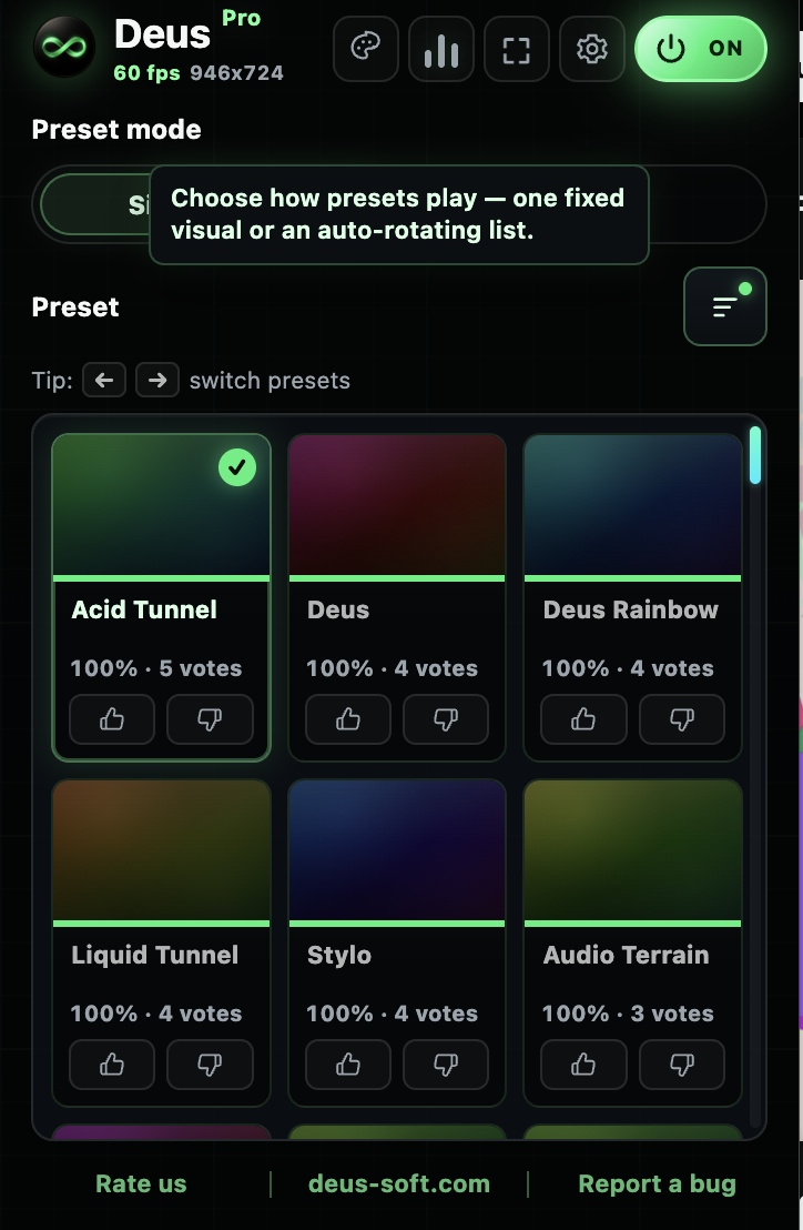 Deus preset browser with rated visual presets