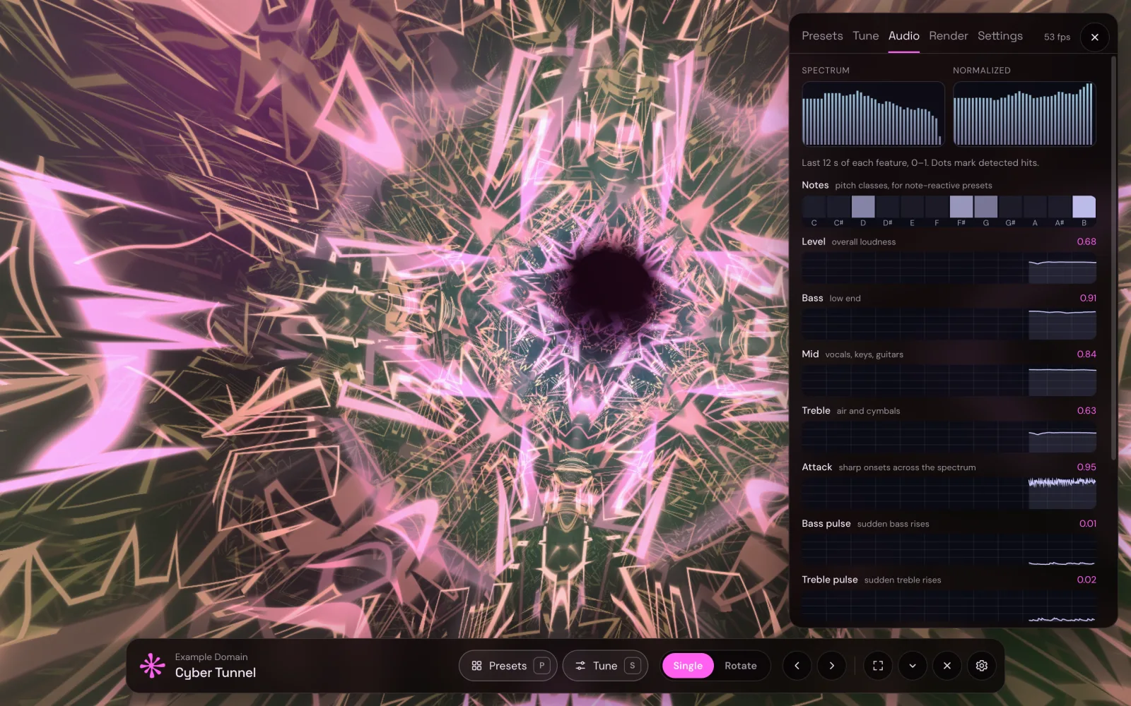 El visualizador de Deus con el tema Neon Pink reproduciendo Cyber Tunnel, con un panel oscuro, detalles en rosa y gráficas del sonido en vivo.