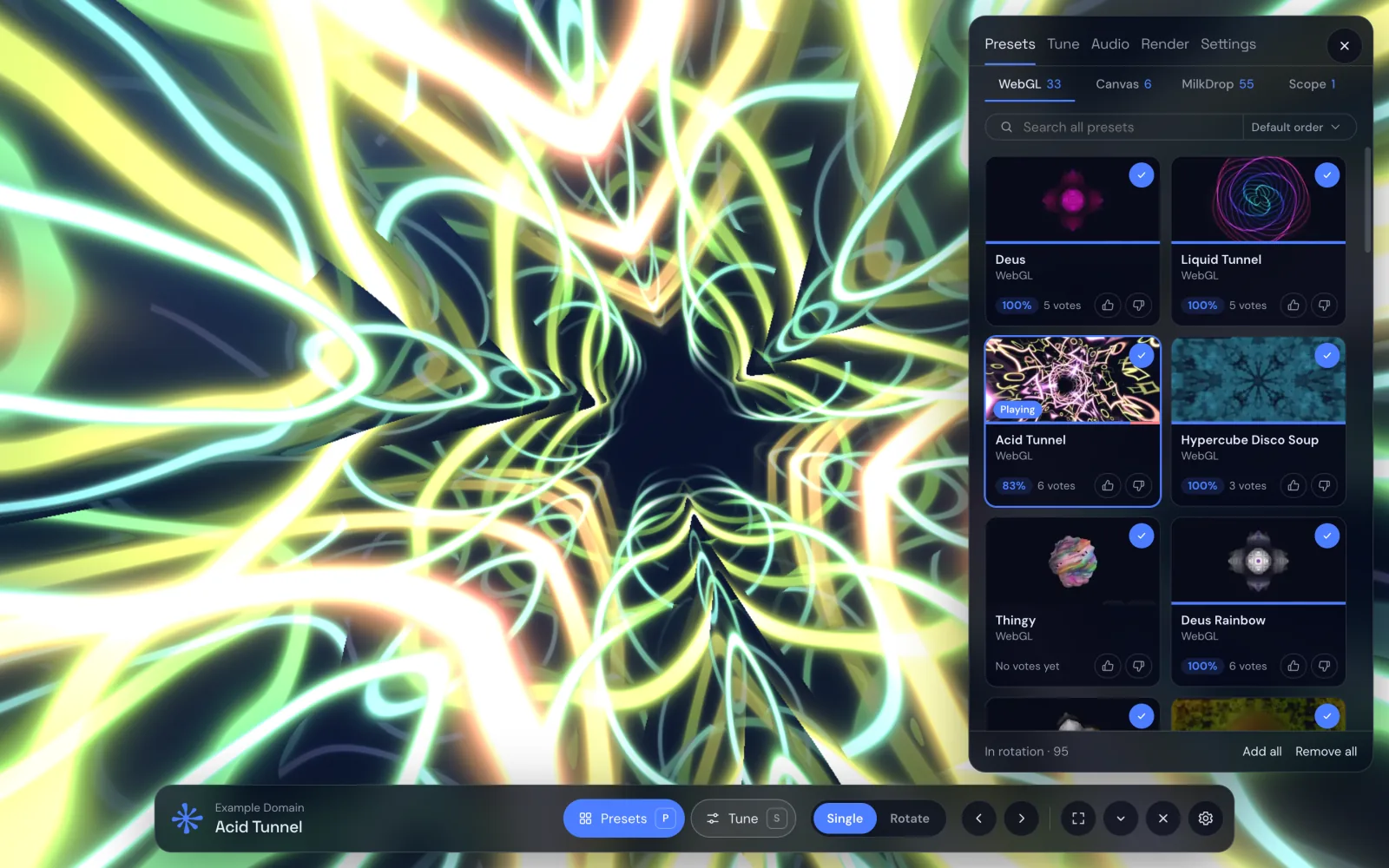 Deus সাইড প্যানেলের প্রিসেট সেকশন: WebGL, Canvas, MilkDrop আর স্কোপ ট্যাব, সার্চ, সাজানো আর রেটিংসহ প্রিসেট কার্ডের গ্রিড; Acid Tunnel চলছে।