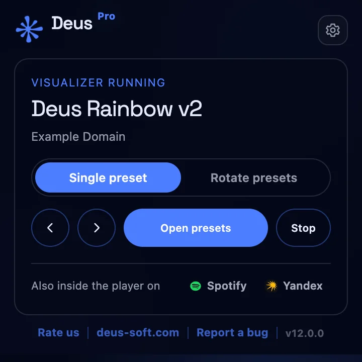 The Deus popup while the any-tab visualizer is running.