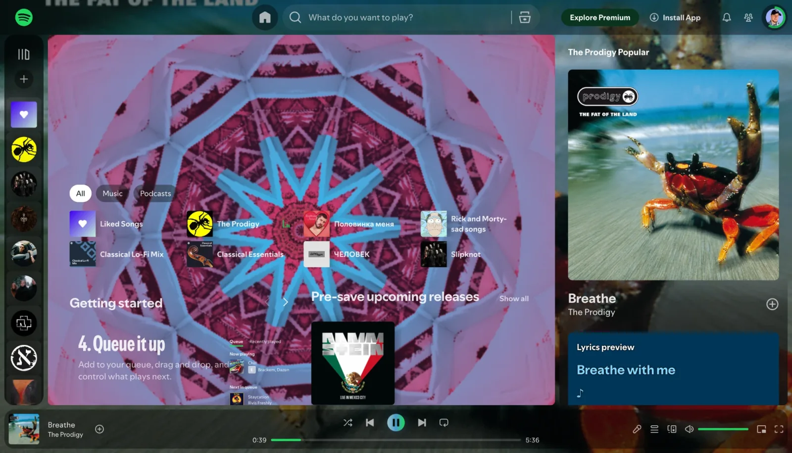 Chameleon থিমসহ Spotify-এর হোম পেজ: চলমান ট্র্যাক, The Prodigy-র The Fat of the Land-এর ঝাপসা কভার স্বচ্ছ প্যানেলের পেছনে পুরো উইন্ডো জুড়ে, আর শর্টকাটের পেছনে গোলাপি-নীল ক্যালাইডোস্কোপ ভিজ্যুয়াল।