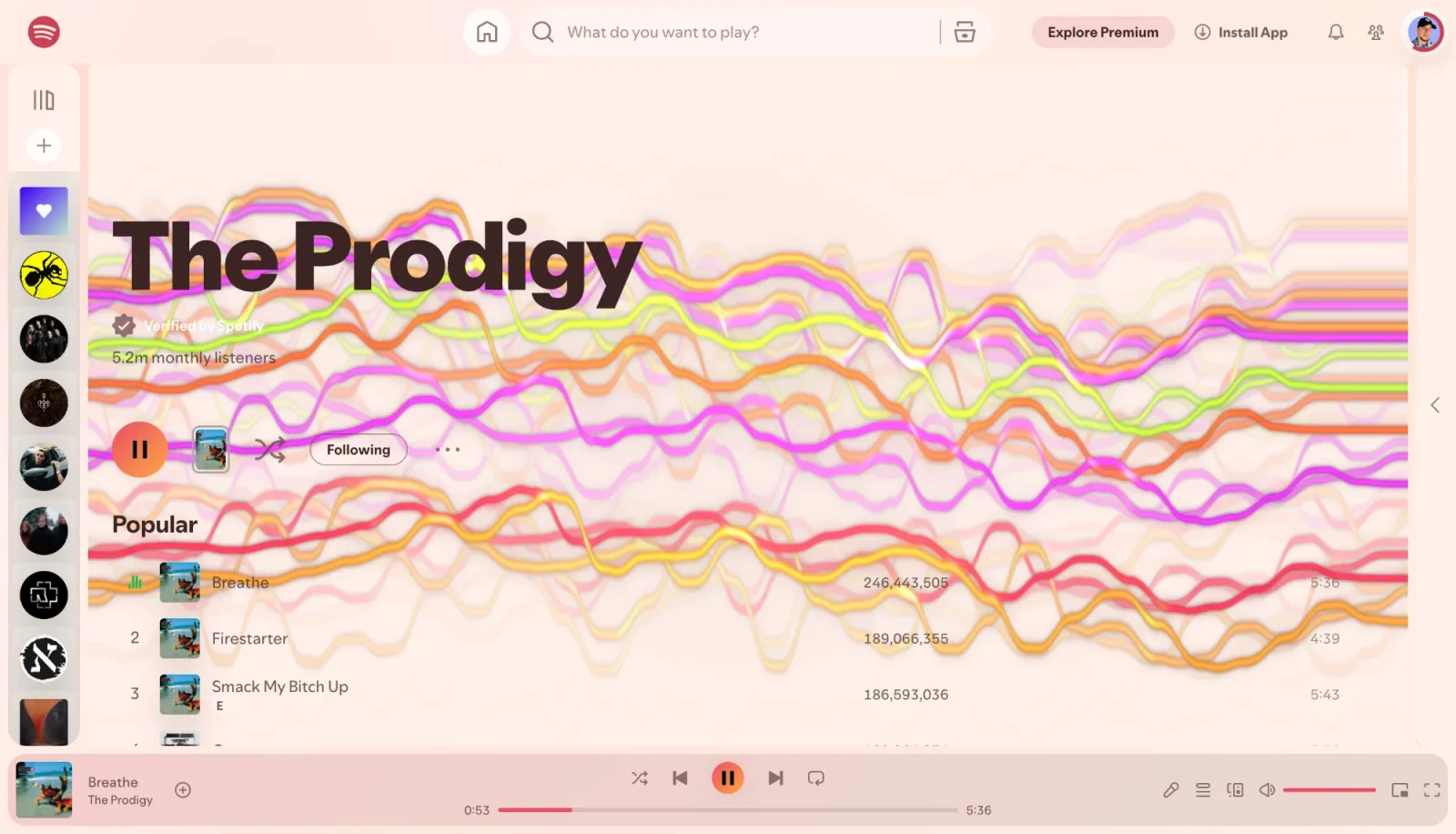 The Prodigy artist page in the Spotify web player with a Deus theme: a pale peach page with dark text, and flowing coloured waves behind the header and track list.
