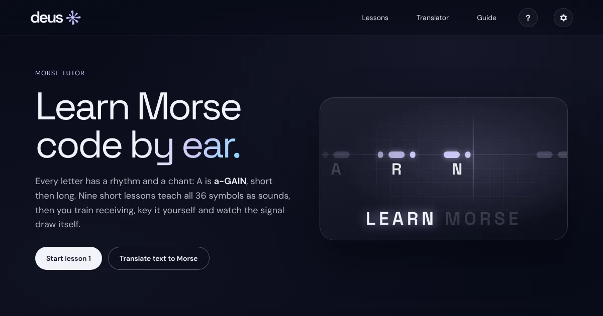 Morse Tutor on deus-soft.com: the headline "Learn Morse code by ear" next to a glowing signal tape spelling LEARN MORSE.
